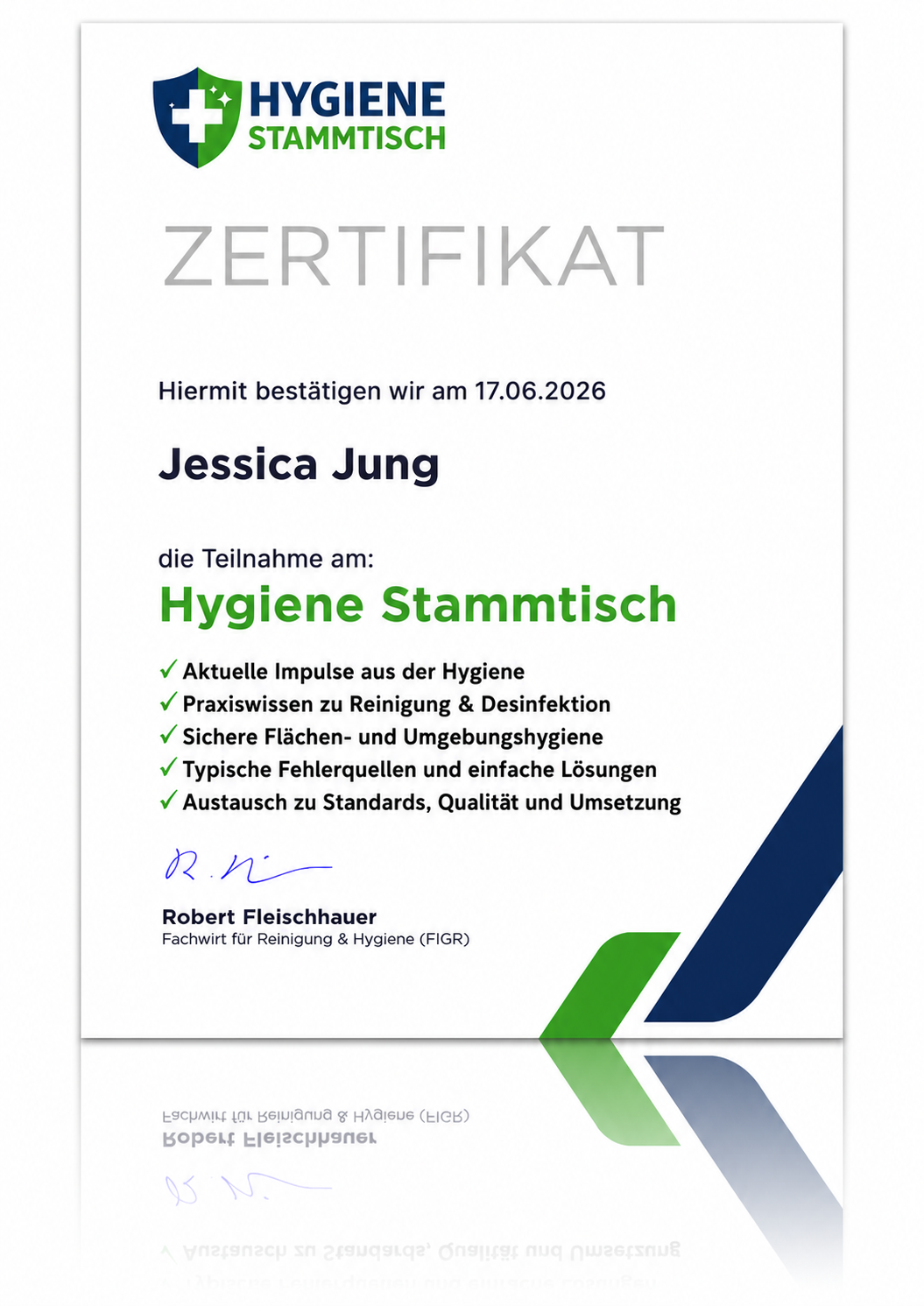 Beispiel Teilnahmezertifikat Hygiene Stammtisch